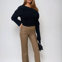 Faux leather trousers in tan with high waist and straight legs, full length