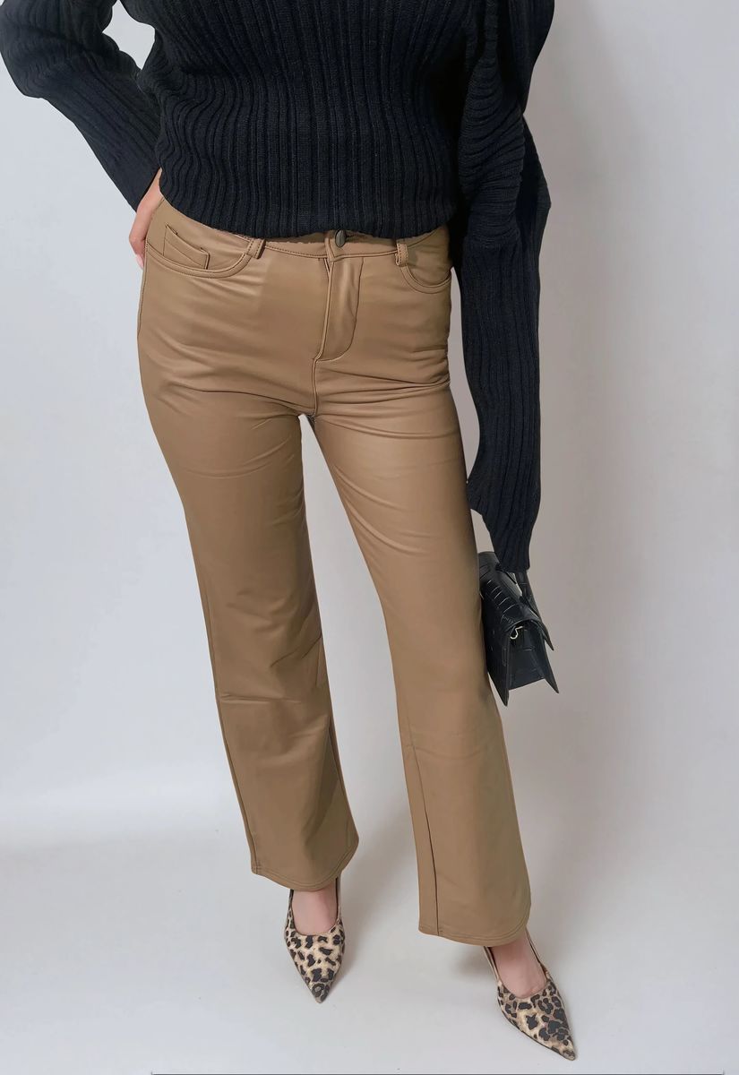 Faux leather trousers in camel beige with high waist, straight legs, front close-up