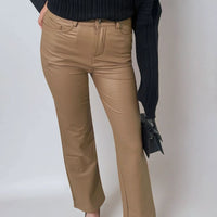 Faux leather trousers in camel beige with high waist, straight legs, front close-up