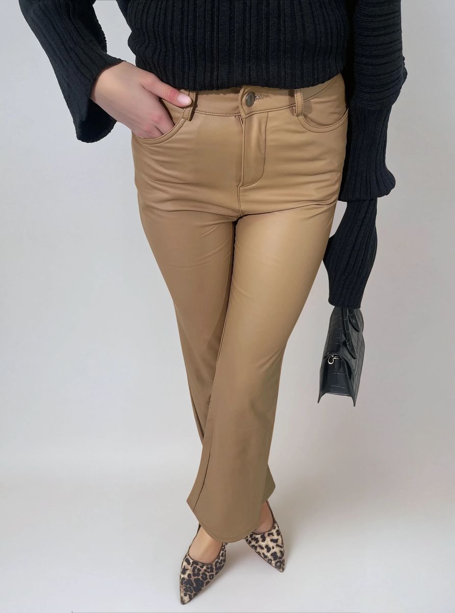 Faux leather trousers in camel beige with high waist and straight legs, front close-up