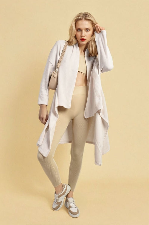 White open-front long knitted cardigan with long sleeves and draped hem