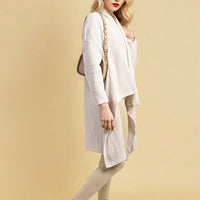 White open-front long knitted cardigan, draped front and sleeves, side-length hem.