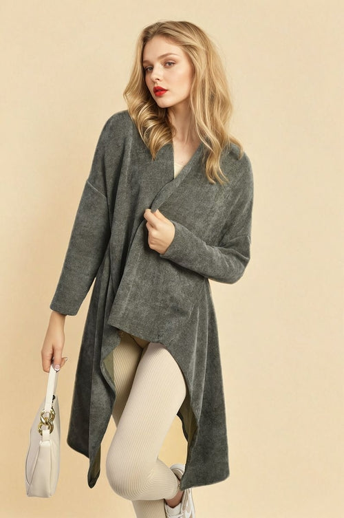 Dark grey open-front long knitted cardigan with long sleeves and draped hem