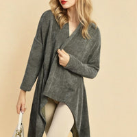 Dark grey open-front long knitted cardigan with long sleeves and draped hem
