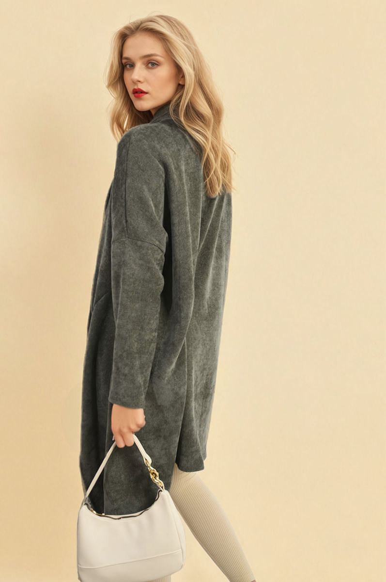 Dark grey open-front long knitted cardigan, loose long sleeves, side asymmetrical hem.