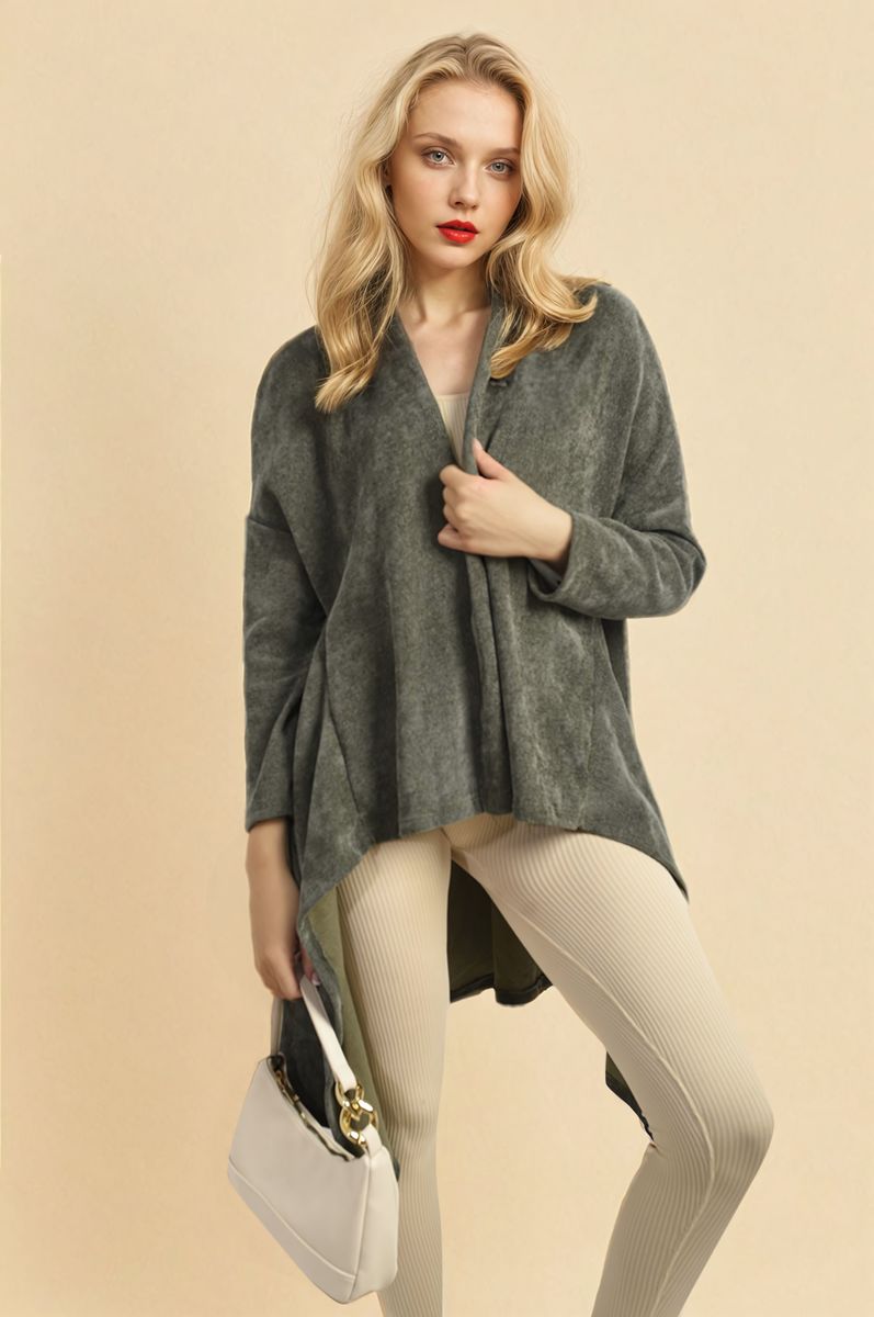 Charcoal grey open-front long knitted cardigan with long sleeves and draped hem
