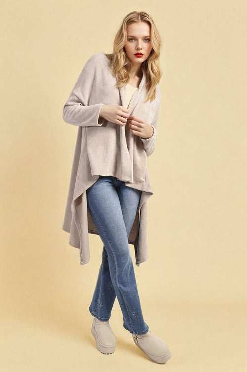 Beige open-front long knitted cardigan with long sleeves and draped hem