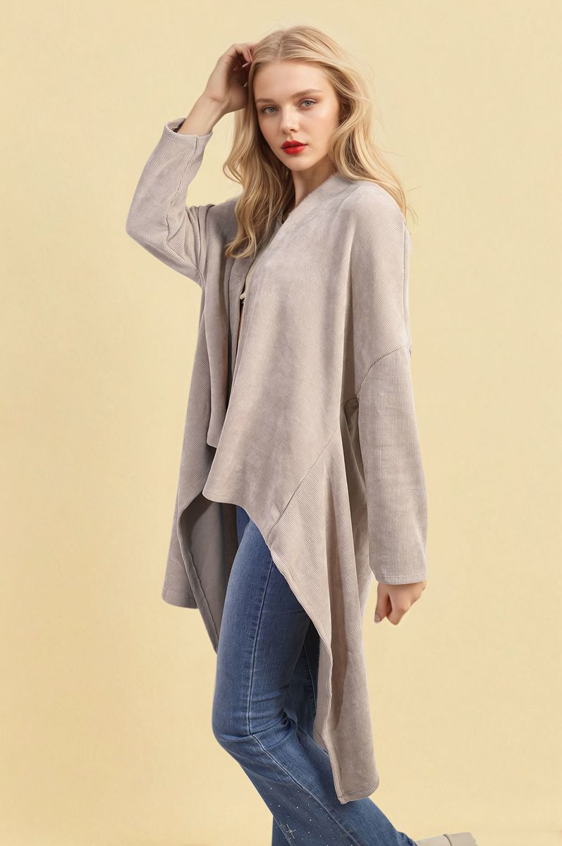 Light grey open-front long knitted cardigan with asymmetrical hemline, long sleeves.