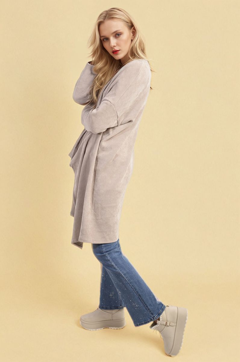 Light grey open-front long knitted cardigan, relaxed fit with side drape, long sleeves.