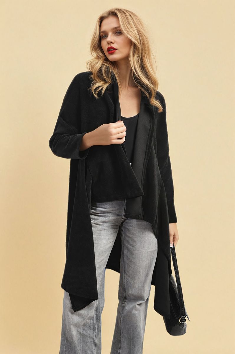 Black open-front long knitted cardigan with draped hem and long sleeves
