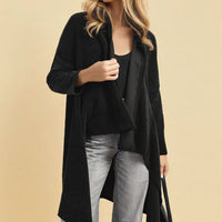 Black open-front long knitted cardigan with draped hem and long sleeves