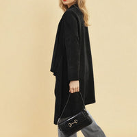 Black open-front long knitted cardigan with draped silhouette, long sleeves.