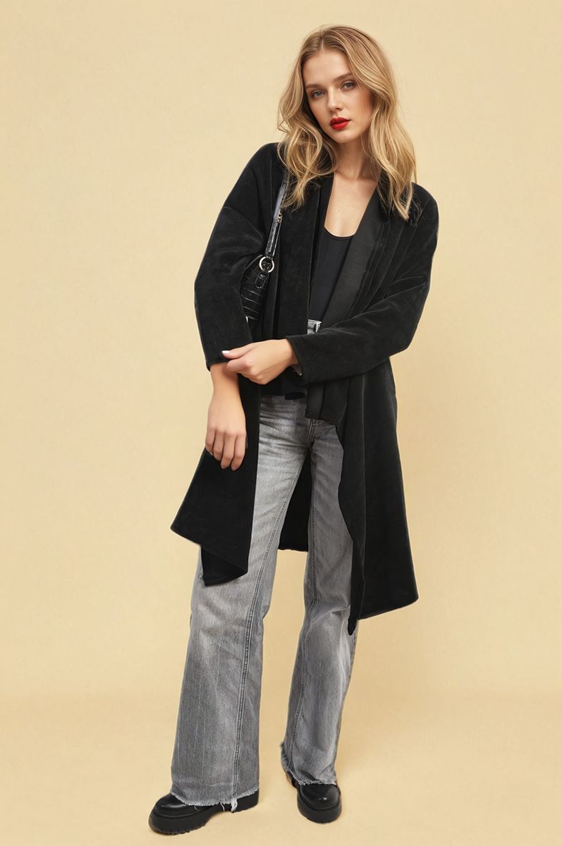 Black longline open-front knitted cardigan, wide sleeves, front open.