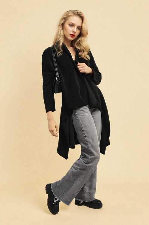Black open-front long knitted cardigan with long sleeves and draped hem