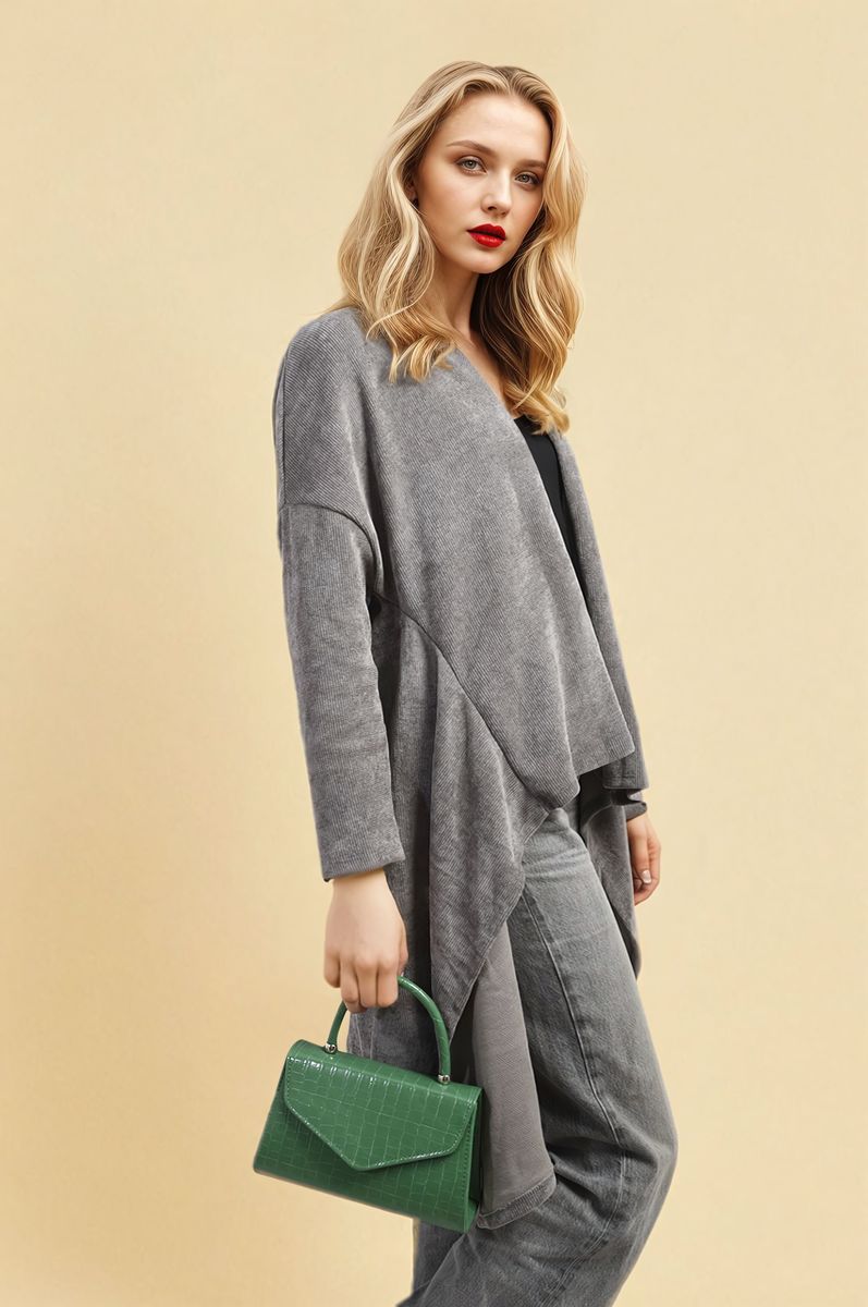 Light grey open-front long knitted cardigan with draped hem and long sleeves