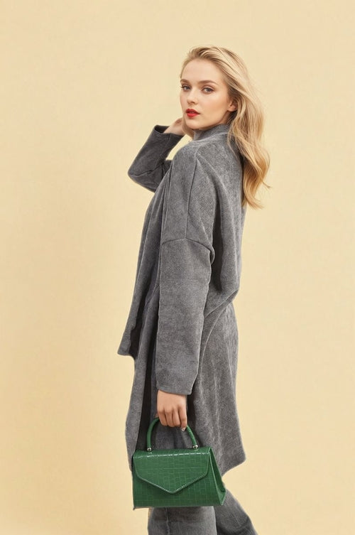 Light grey open-front long knitted cardigan with long sleeves and draped hem