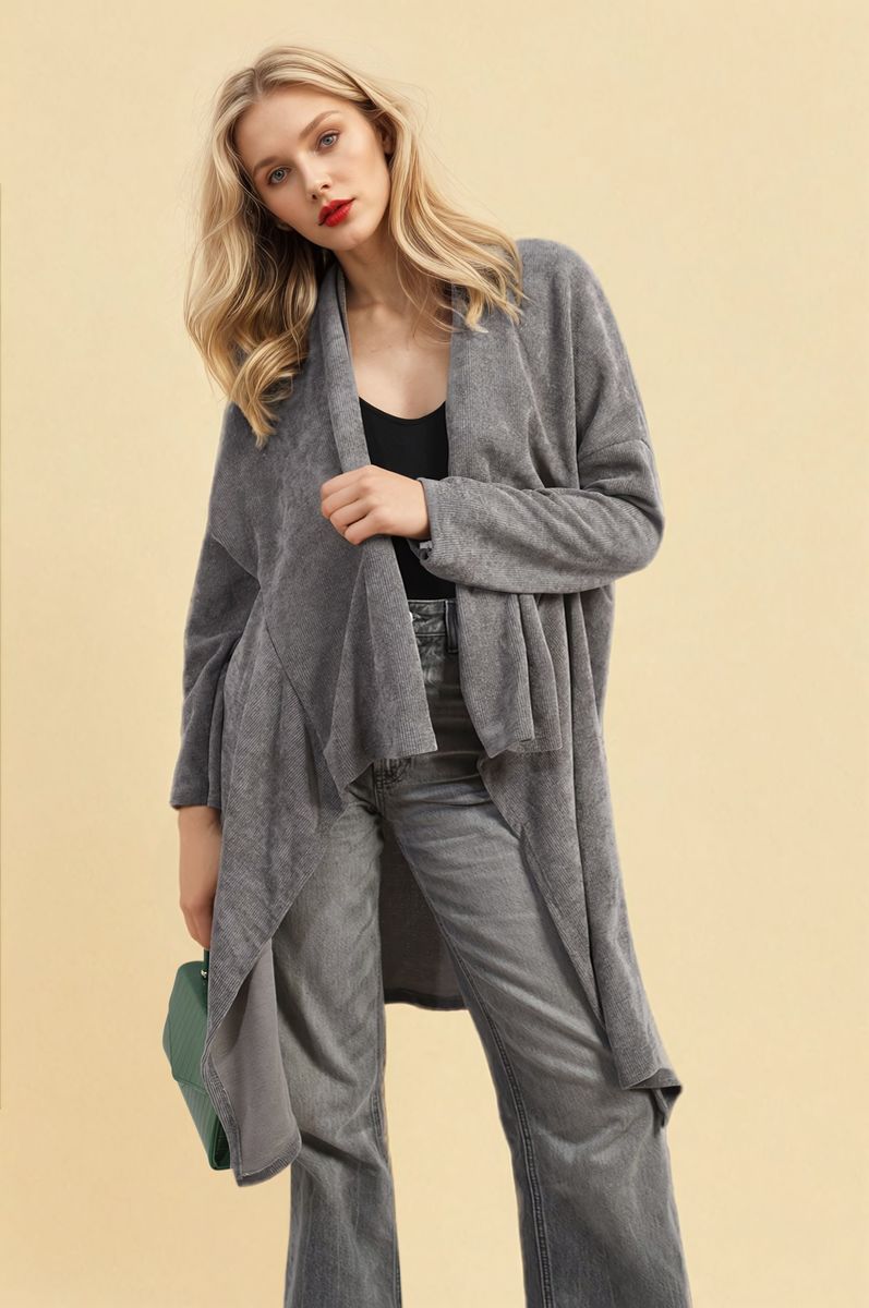 Grey open-front long knitted cardigan with draped front and side layers