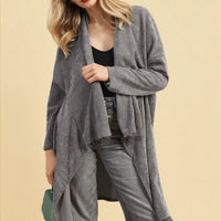 Grey open-front long knitted cardigan with draped front and side layers