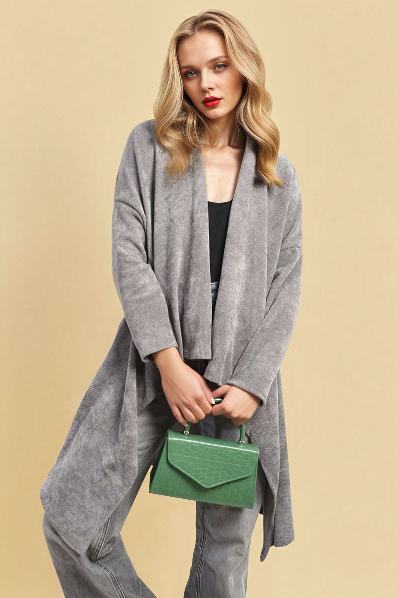 Grey open-front long knitted cardigan with draped front and long sleeves