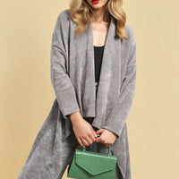Grey open-front long knitted cardigan with draped front and long sleeves
