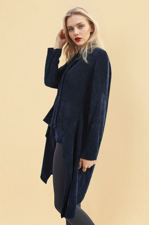Navy open-front long knitted cardigan with long sleeves and draped hem