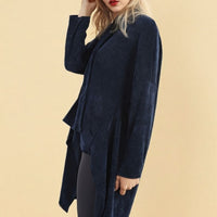 Navy open-front long knitted cardigan with long sleeves and draped hem