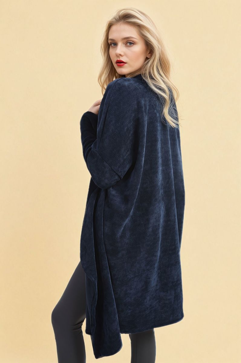 Navy open-front long knitted cardigan with loose drape and long sleeves