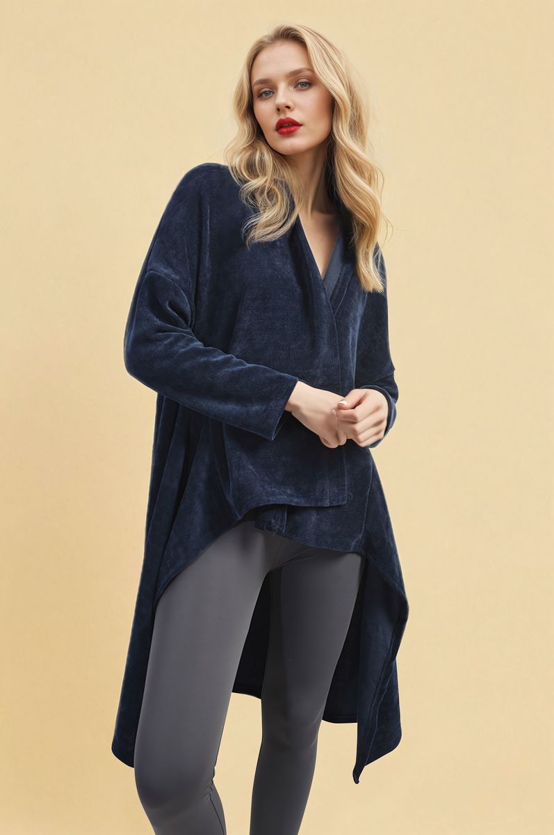 Navy open-front long knitted cardigan with long sleeves and asymmetrical hem