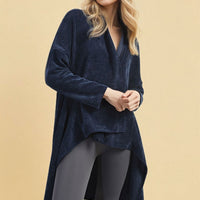 Navy open-front long knitted cardigan with long sleeves and asymmetrical hem