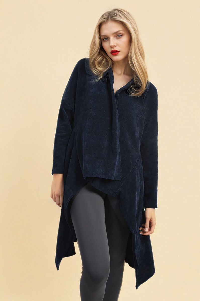 Navy open-front long knitted cardigan with draped asymmetric hem