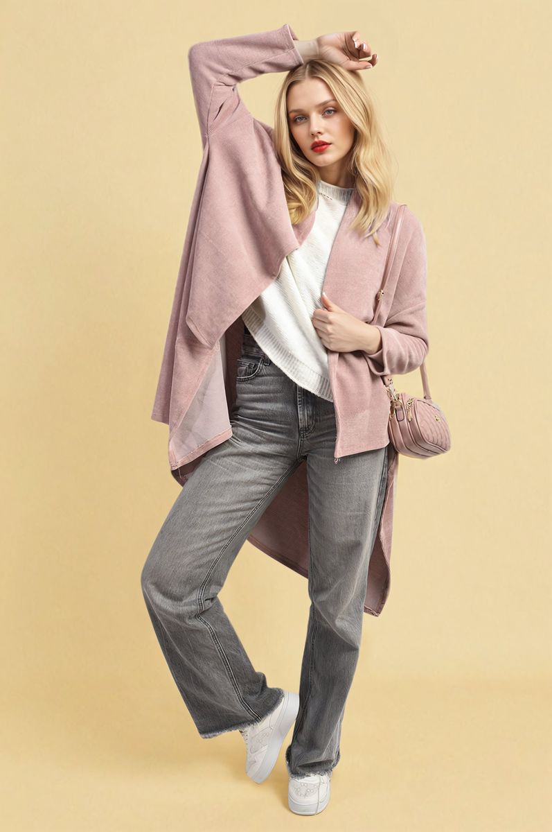 Pink open-front long knitted cardigan with draped hem and long sleeves