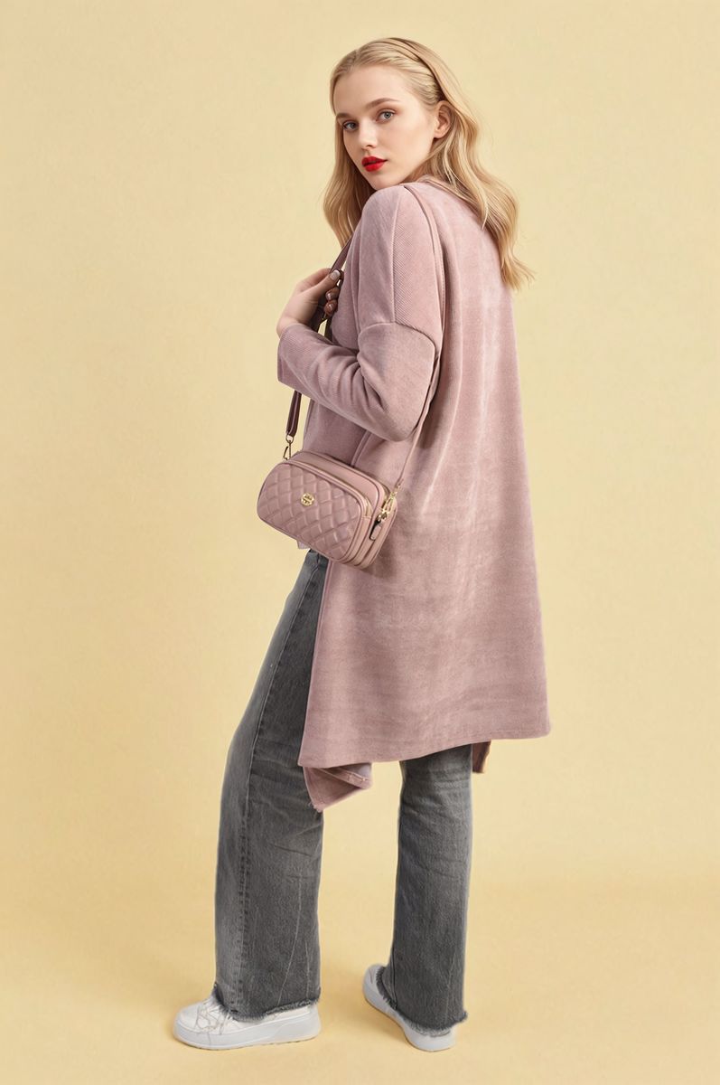 Mauve open-front long knitted cardigan with side drape and long sleeves