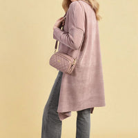 Mauve open-front long knitted cardigan with side drape and long sleeves