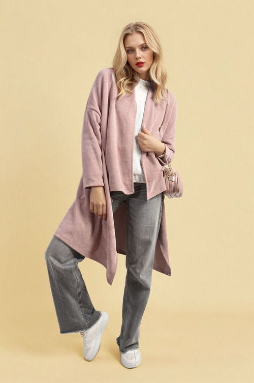Lavender open-front long knitted cardigan with long sleeves and draped hem