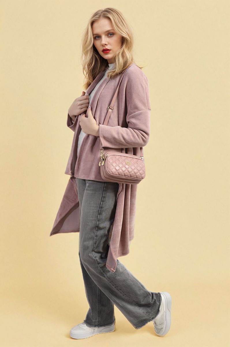 Mauve open-front long knitted cardigan with long sleeves and draped front