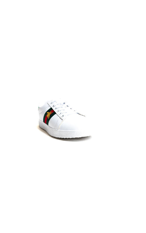 White lace-up trainers with colorful bee side patch on the toe area