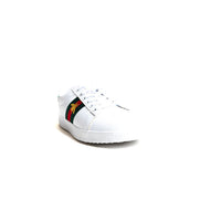 White lace-up trainers with colorful bee side patch on the toe area