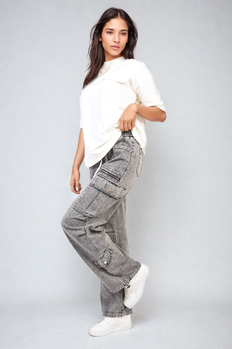 Grey cargo jeans with drawstring waist and cargo pockets, angled standing pose