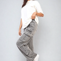 Grey cargo jeans with drawstring waist and cargo pockets, angled standing pose