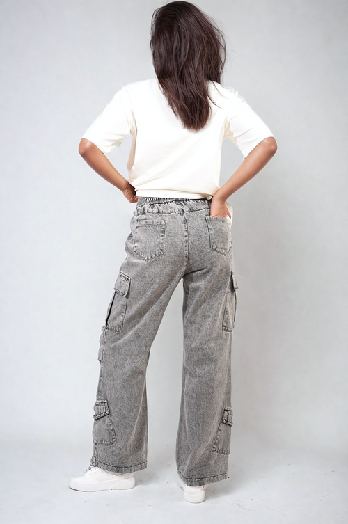 Grey cargo jeans with drawstring waist, cargo patch pockets, back view