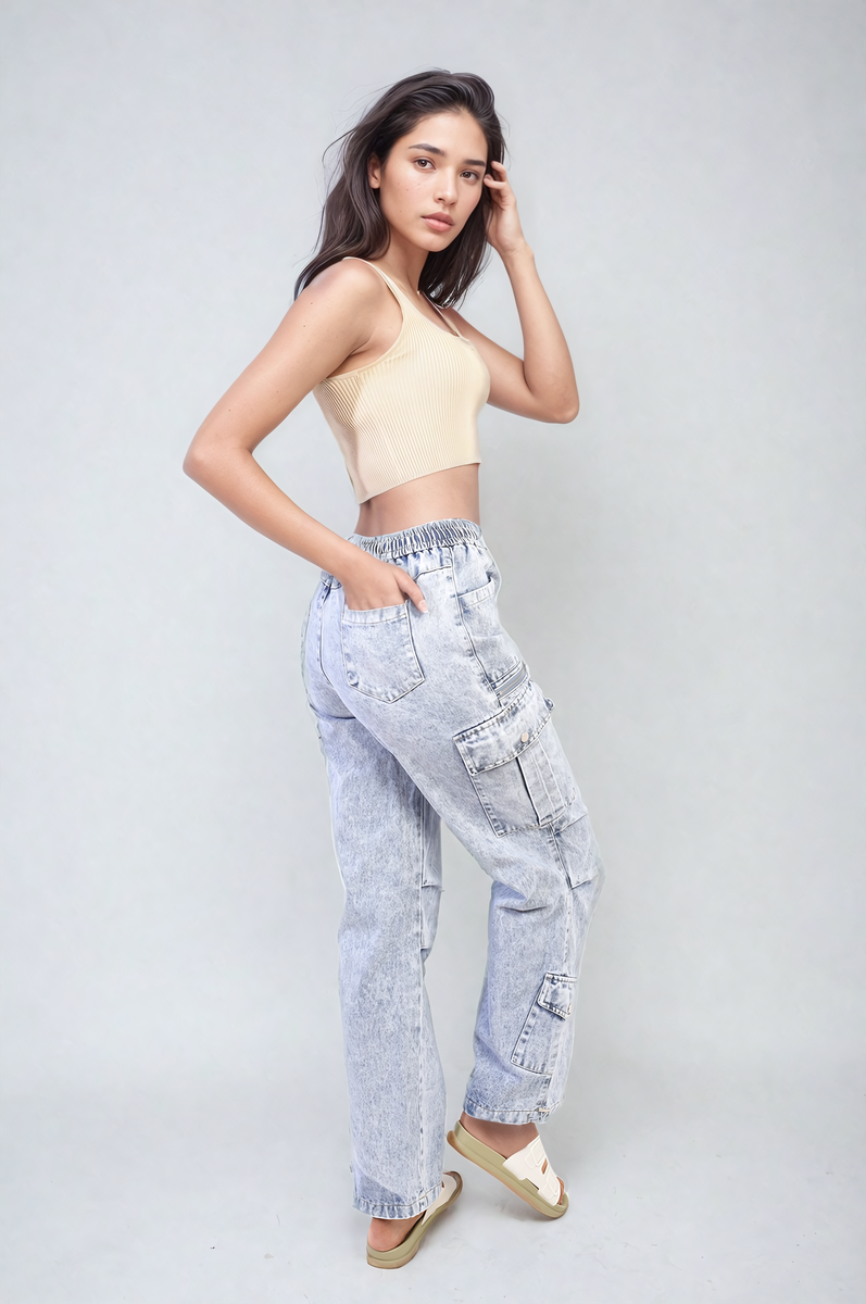 Light blue cargo jeans with drawstring waist and side cargo pockets, full view