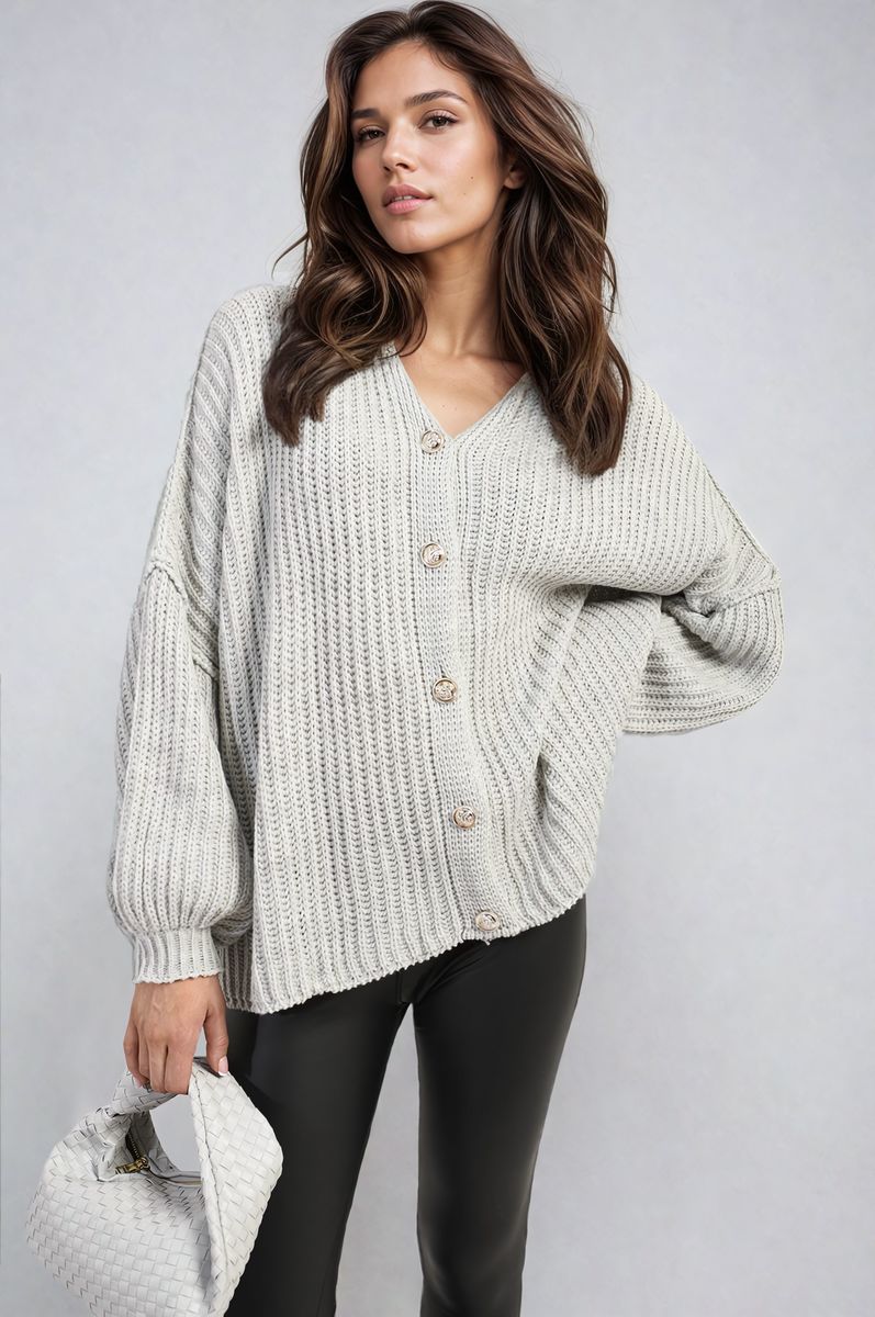 Chunky Knit Cardigan in Khaki with Balloon Sleeves and Fringe Detail
