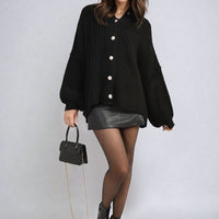 Chunky Knit Cardigan in Khaki with Balloon Sleeves and Fringe Detail