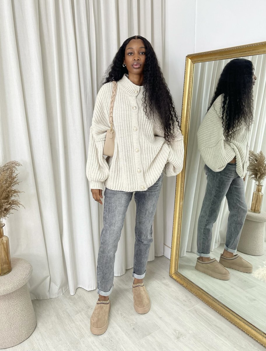 Chunky Knit Cardigan in Khaki with Balloon Sleeves and Fringe Detail