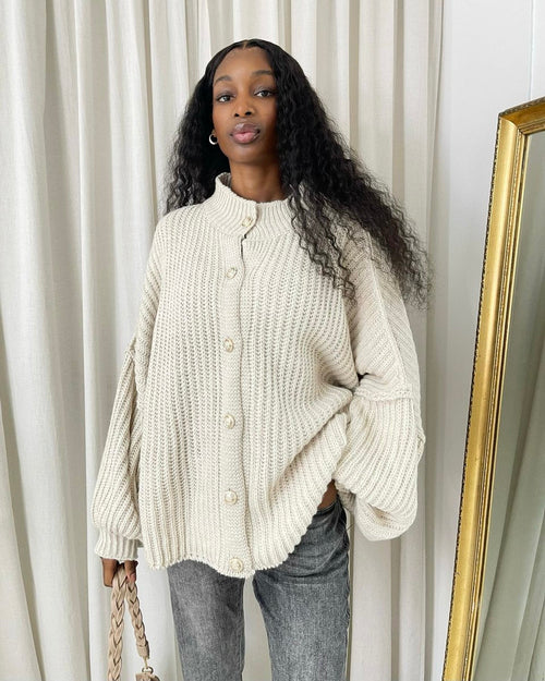 Chunky Knit Cardigan in Khaki with Balloon Sleeves and Fringe Detail