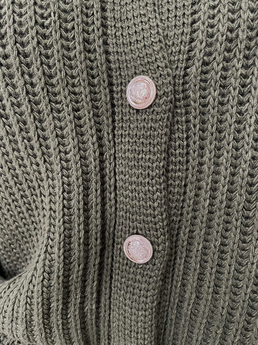 Chunky Knit Cardigan in Khaki with Balloon Sleeves and Fringe Detail