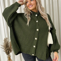 Chunky Knit Cardigan in Khaki with Balloon Sleeves and Fringe Detail