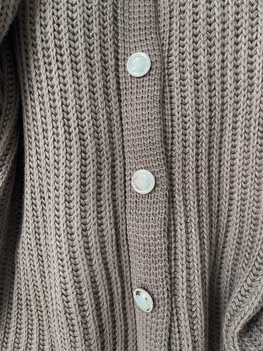 Chunky Knit Cardigan in Khaki with Balloon Sleeves and Fringe Detail