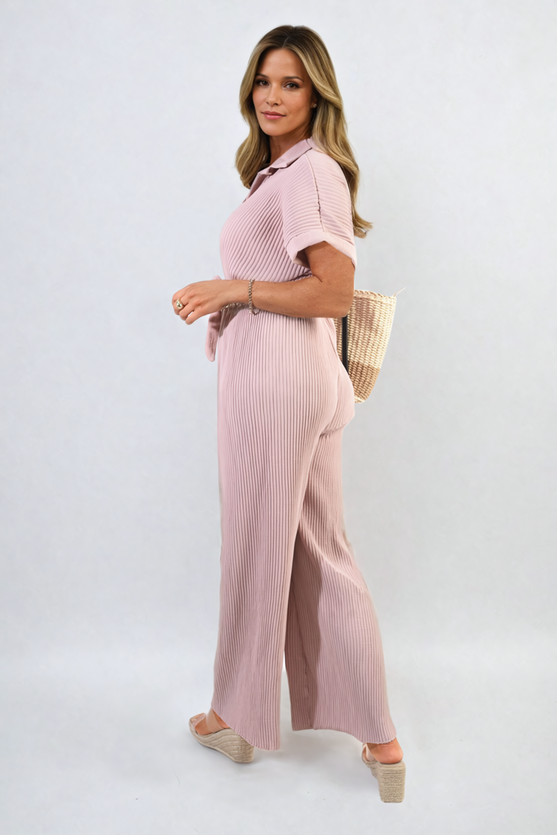 Pleated Jumpsuit in Khaki with Tie Waist and Wide Legs