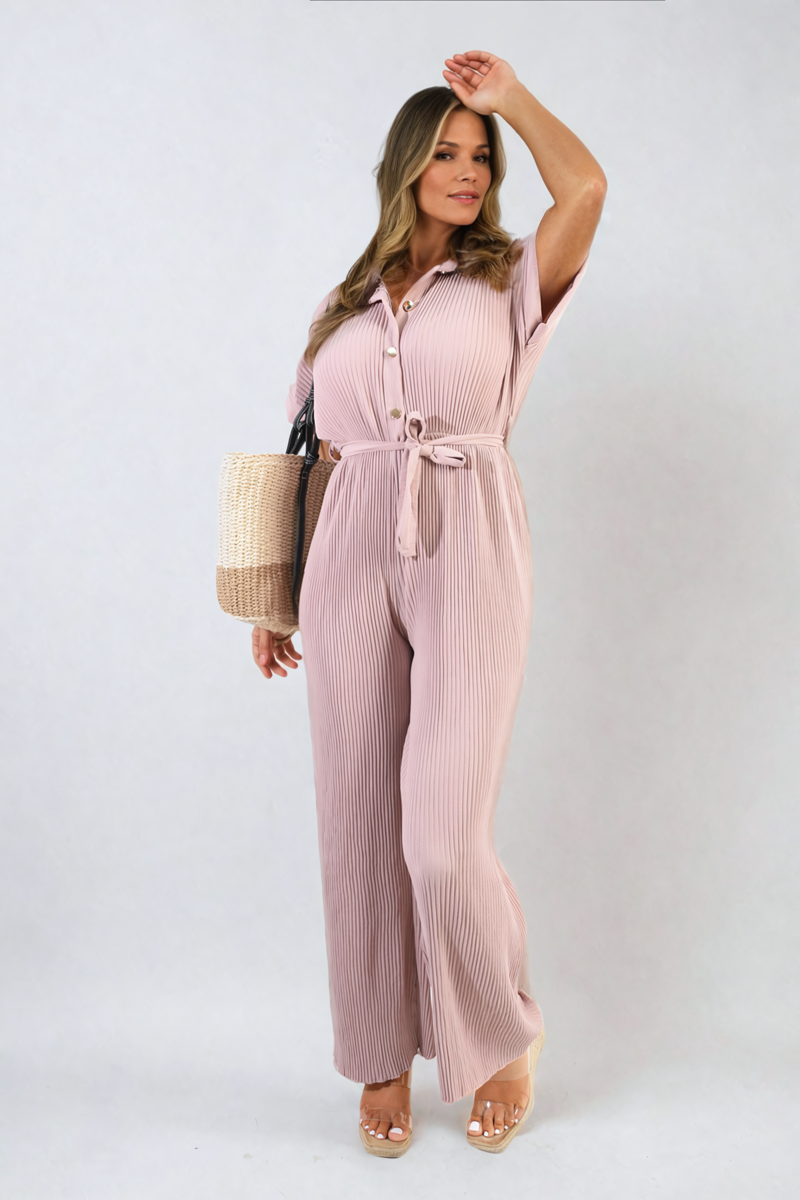 Pleated Jumpsuit in Khaki with Tie Waist and Wide Legs